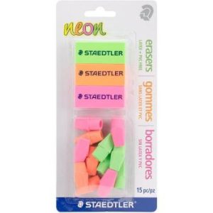 Staedtler Erasers (Pack of 3) & 12 Neon PVC Caps